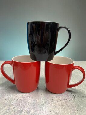 BIA Hand Glazed Ceramic Mugs Set Of 3 Red & Black Microwave Dishwasher Oven Safe